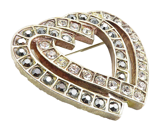 MMA 925 Silver  Vintage Cubic Zirconia & Marcasite Hearts Brooch Pin  BP3298