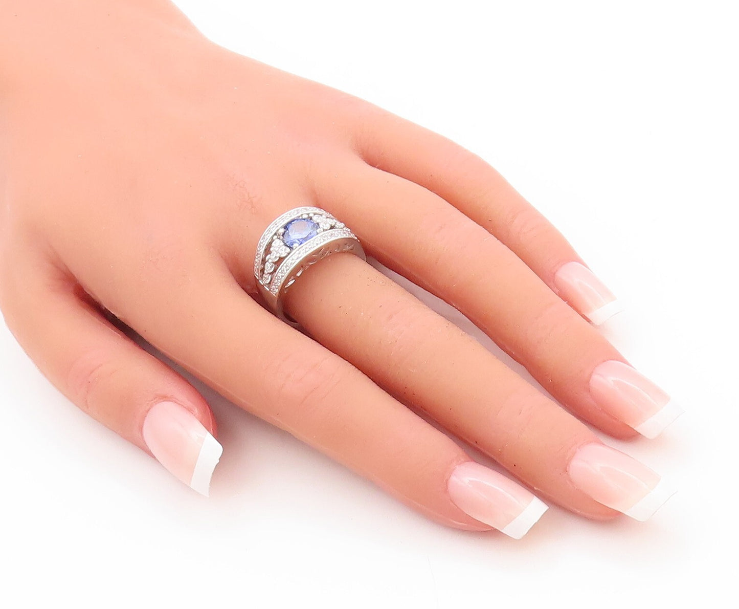 925 Sterling Silver Vintage Ring Designer Cut Sapphire CZ Inlay  Sz 7.5  RG29569