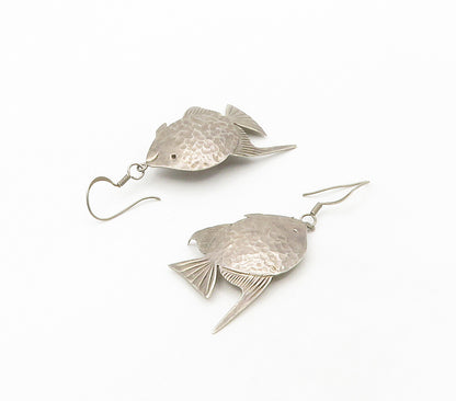 MEXICO 925 Sterling Silver  Vintage Hammered Fish Motif Dangle Earrings EG8498