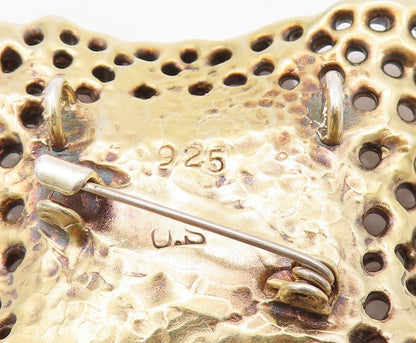 925 Sterling Silver Vintage Brooch Pin Gold Plated Brutalist Rhinestone  BP11554
