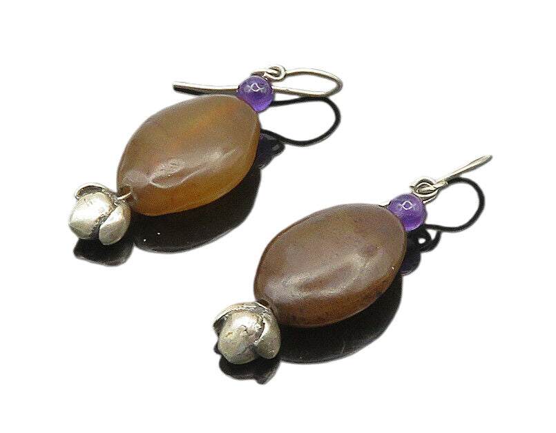 925 Sterling Silver  Vintage Agate & Amethyst Bead Dangle Earrings  EG9290