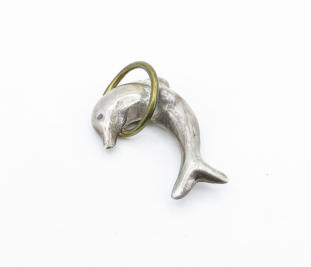 MEXICO 925 Sterling Silver  Vintage 2 Tone Leaping Dolphin Brooch Pin  BP1657