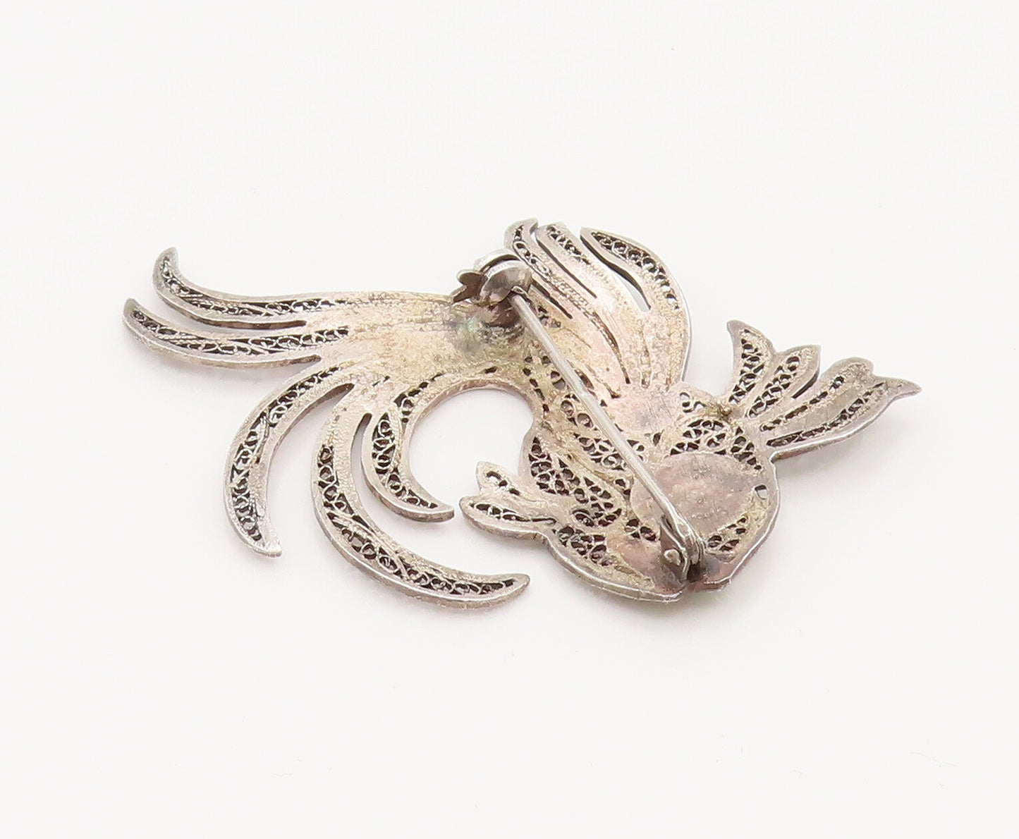925 Sterling Silver Vintage Enamel & Filigree Detailed Fish Brooch Pin BP10107