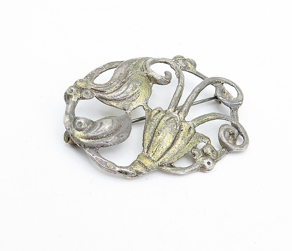 925 Sterling Silver  Vintage Antique Dark Tone Floral Swirl Brooch Pin  BP1628