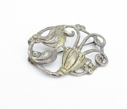 925 Sterling Silver  Vintage Antique Dark Tone Floral Swirl Brooch Pin  BP1628