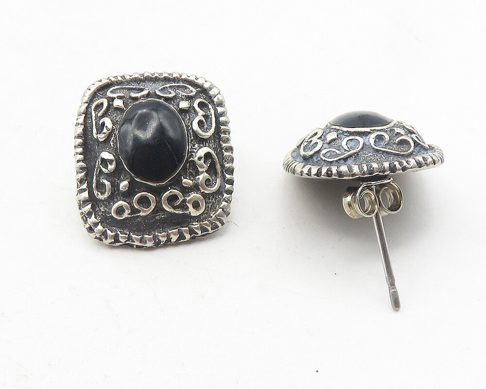925 Sterling Silver  Vintage Black Onyx Swirl Pattern Drop Earrings  EG6091