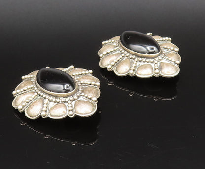 BALI 925 Sterling Silver Vintage Floral Black Onyx Clip Back Earrings EG12295