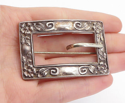 925 Sterling Silver  Vintage Floral Leaf Vine Belt Buckle Brooch Pin  BP2412