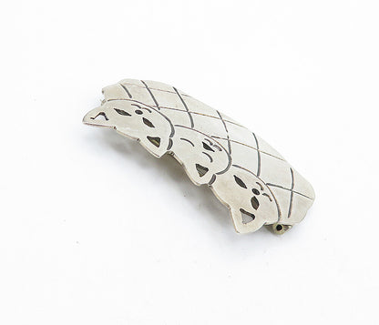 MICHELE MICHEL MEXICO 925 Silver Vintage Etched Triple Cat Brooch Pin BP1588