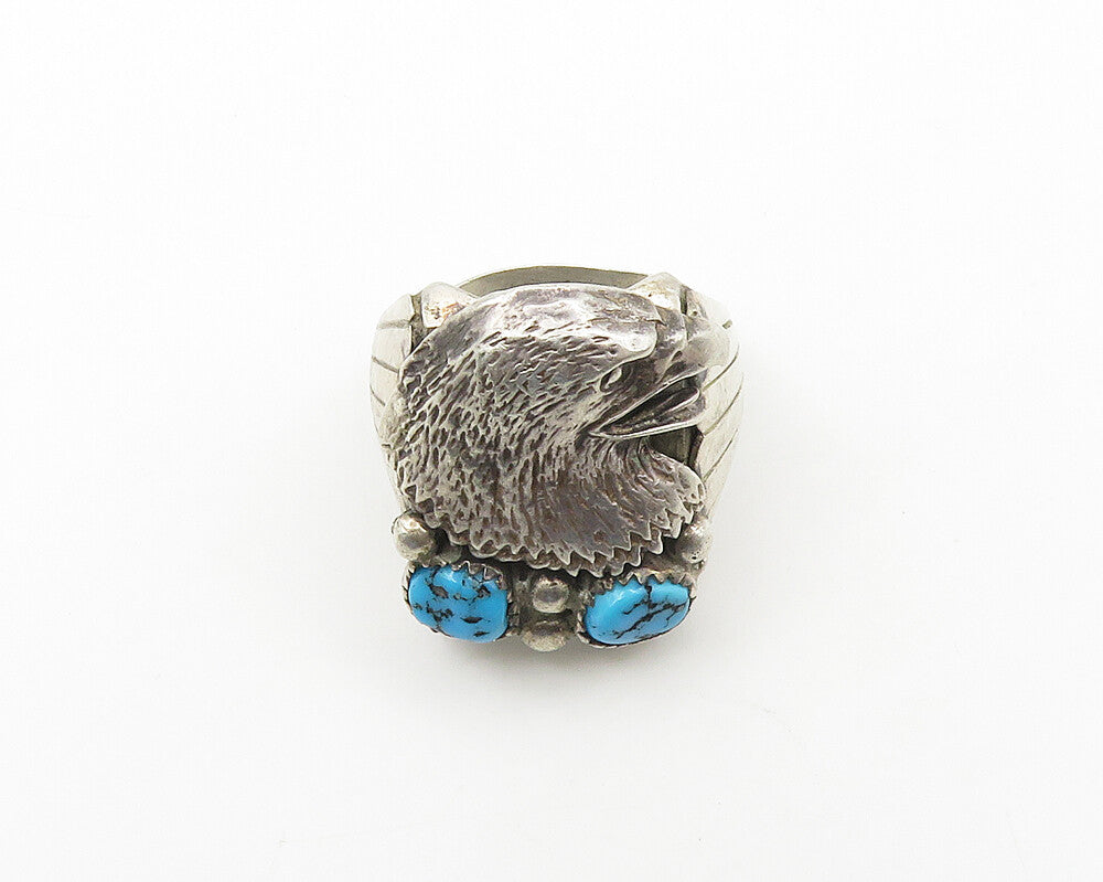 NAVAJO 925 Silver  Vintage Turquoise Eagle Head Band Ring Sz 10.5  RG18324