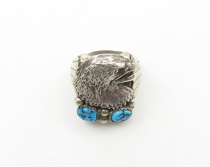 NAVAJO 925 Silver  Vintage Turquoise Eagle Head Band Ring Sz 10.5  RG18324