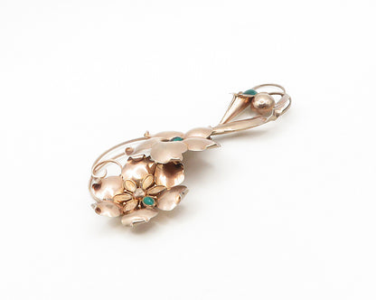 925 Sterling Silver  Vintage Green Topaz Copper Tone Flower Brooch Pin  BP7479