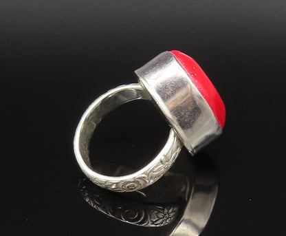 925 Silver  Vintage Unique Red Agate Engraved Floral Band Ring Sz 9.5  RG25710