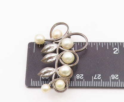 925 Sterling Silver  Vintage Shiny Pearls Floral Leaf Vine Brooch Pin  BP7835