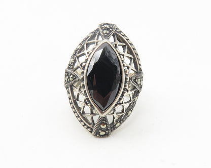 925 Sterling Silver  Marquise Hematite & Marcasite Cocktail Ring Sz 6  RG11363