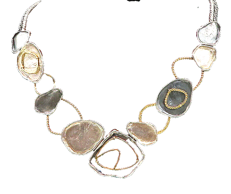 925 Silver & 14K GOLD  Vintage Modernist Two Tone Chain Necklace  NE3206