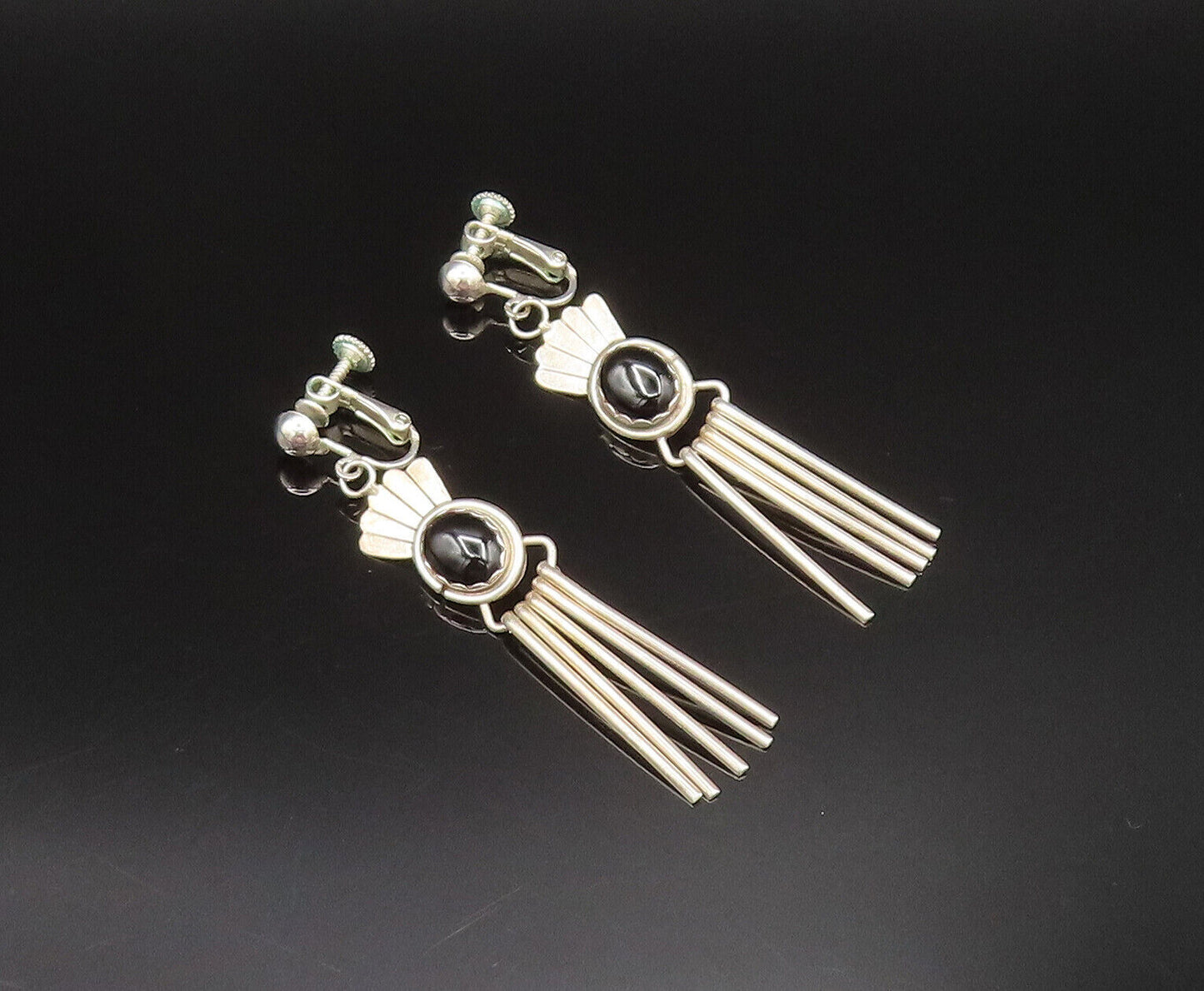 NAVAJO 925 Silver  Vintage Black Onyx Bar Dangle Screw Back Earrings  EG11950