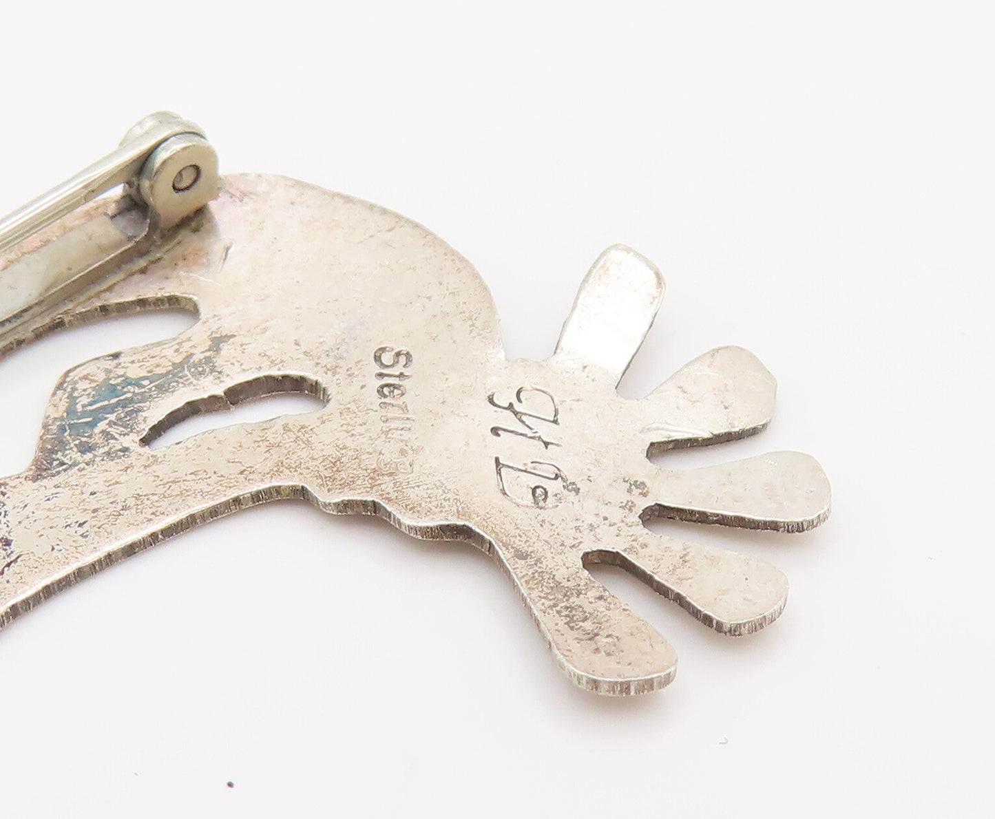 NAVAJO 925 Sterling Silver Vintage Etched Kokopelli Dancer Brooch Pin BP10143