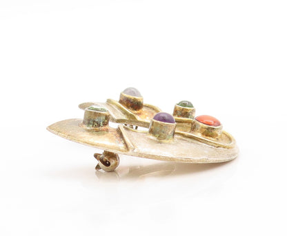 925 Sterling Silver Vintage Brooch Pin Cutout Ring Gemstones Inlay  BP11382