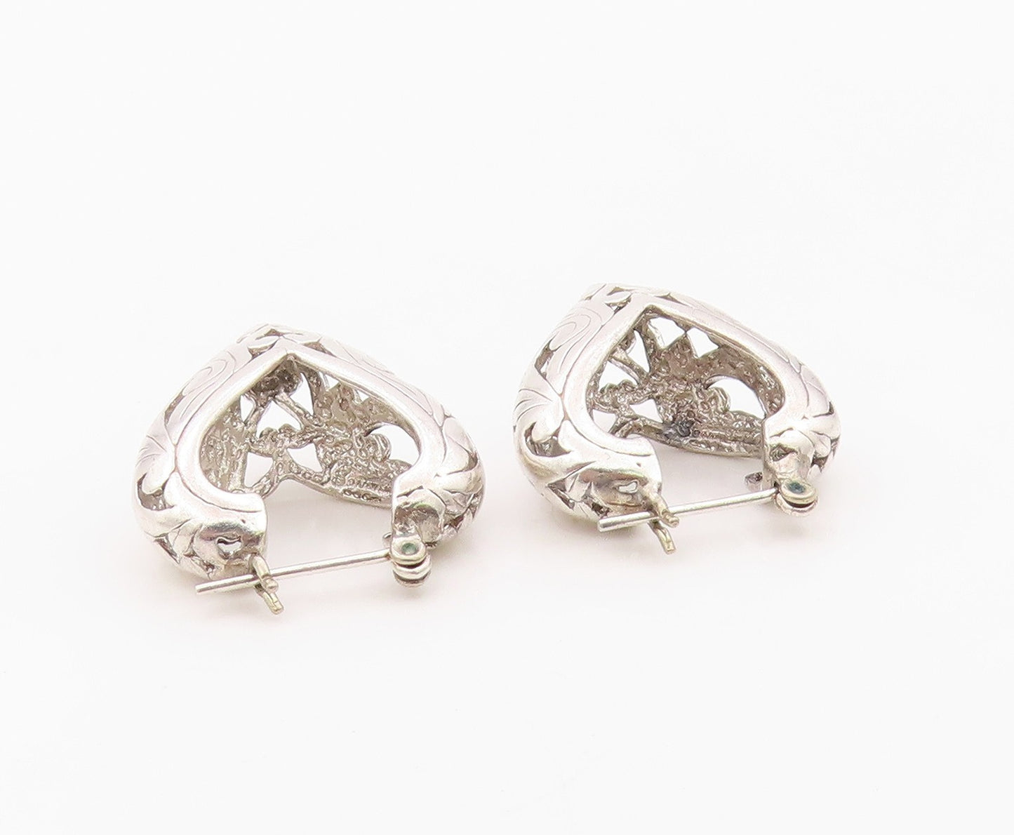925 Sterling Silver Vintage Earrings Elegant Scrollwork Love Heart Hoop  EG14395