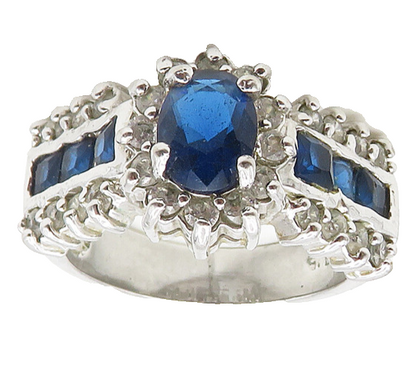 925 Sterling Silver  Shiny Blue & White Topaz Band Ring Sz 9  RG18594