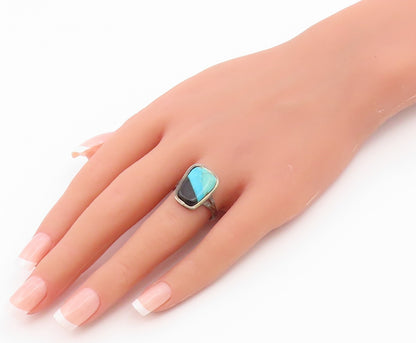 925 Sterling Silver Vintage Ring Modernist Turquoise & Onyx  Sz 7.5  RG36571