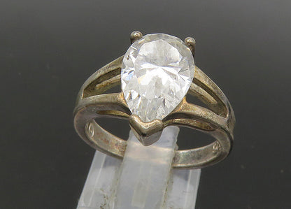 925 Silver  Vintage Tear Drop Cubic Zirconia Solitaire Ring Sz 7  RG22197