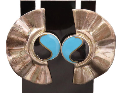 MEXICO 925 Silver Vintage Enamel Circle With Swirl Wing Earrings EG12472