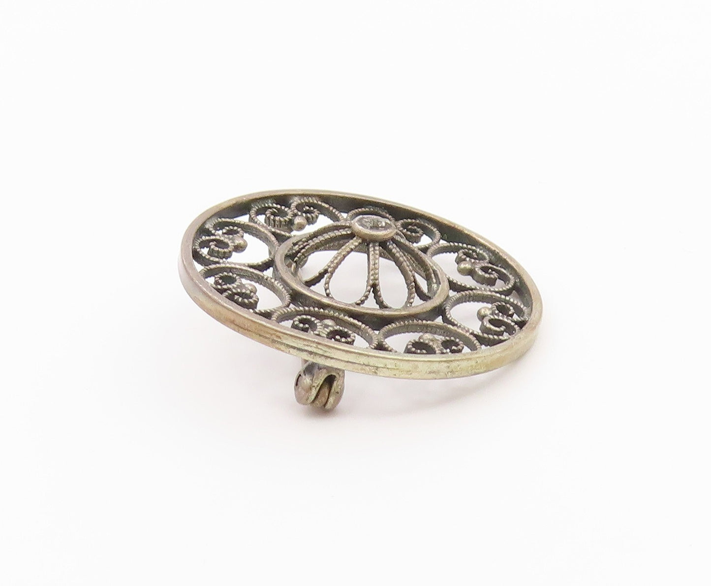 NORWAY 925 Silver  Vintage Round Pretzel Twist & Flower Dome Brooch Pin BP9601