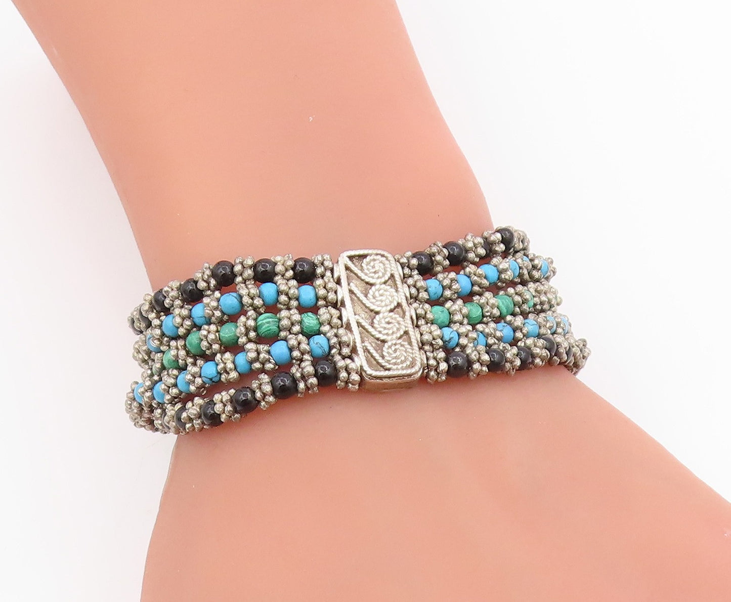 925 Sterling Silver Vintage Bracelet Multi Gemstone Beads Bohemian Chain BT11708