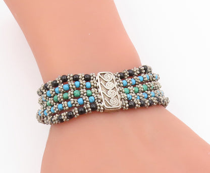 925 Sterling Silver Vintage Bracelet Multi Gemstone Beads Bohemian Chain BT11708