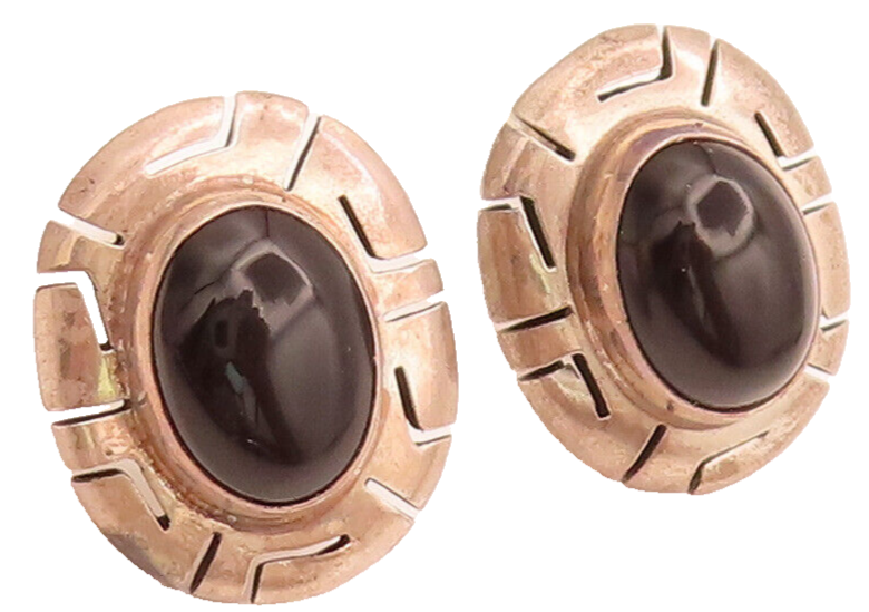 MEXICO 925 Sterling Silver Vintage Onyx Cutout Carved Oval Earrings EG12476
