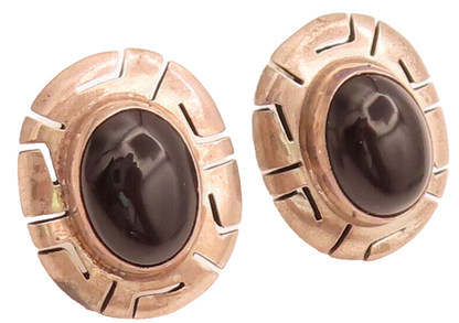 MEXICO 925 Sterling Silver Vintage Onyx Cutout Carved Oval Earrings EG12476
