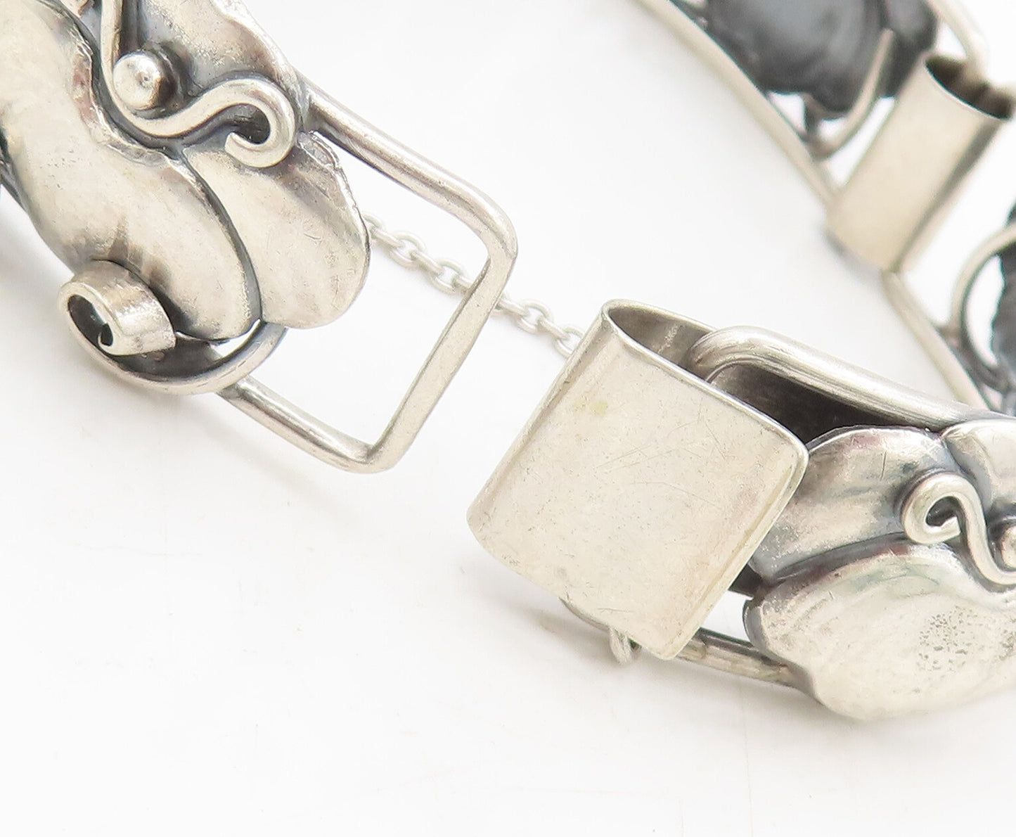 925 Sterling Silver Vintage Bracelet DENMARK Link Carved Framed Flower  BT10218