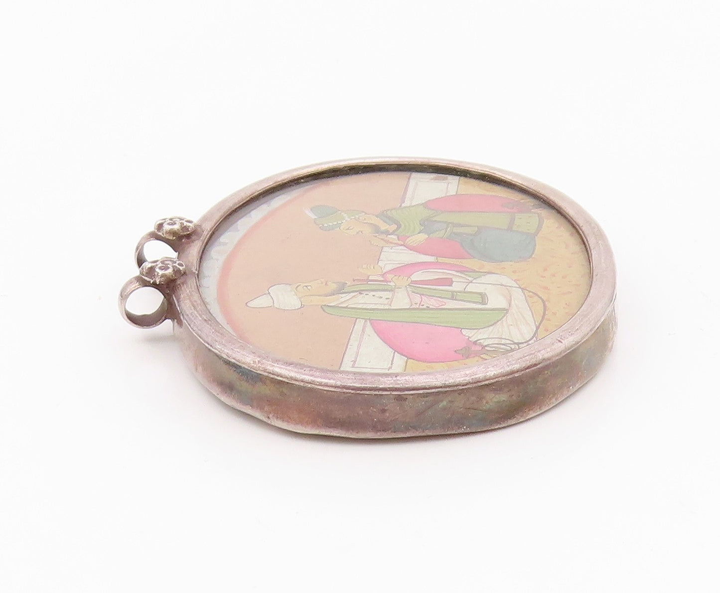 925 Sterling Silver  Vintage Antique Hookah Scene Oval Pendant  PT15679