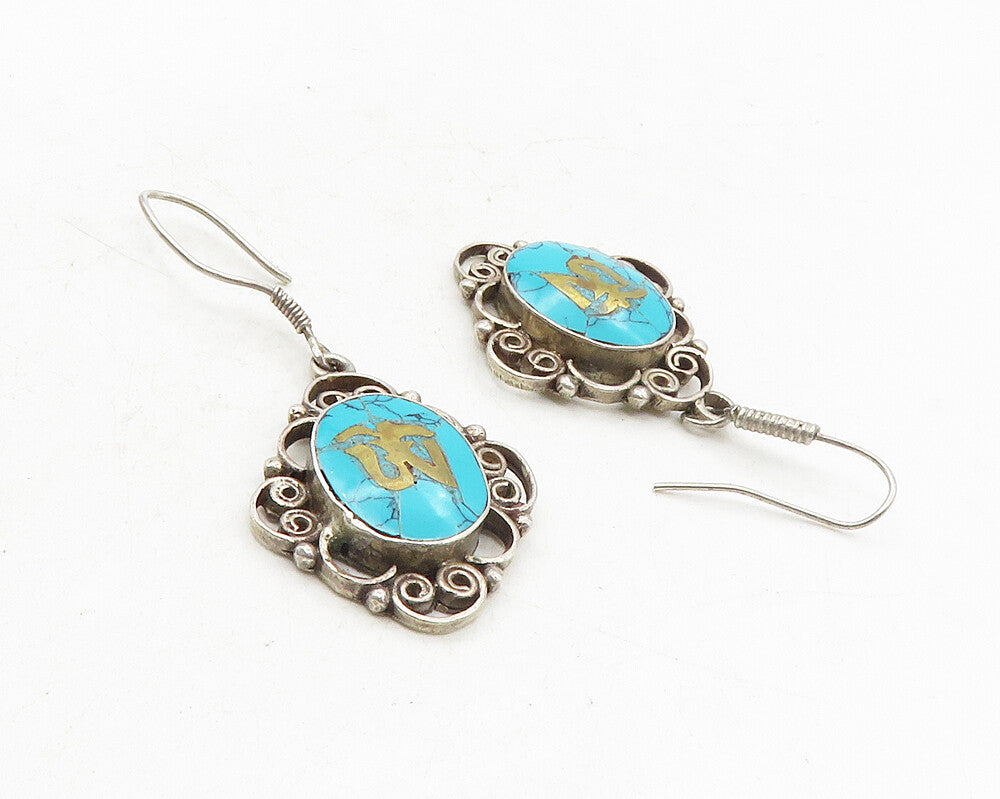 925 Sterling Silver  Vintage Turquoise Om Spiritual Symbol Earrings  EG5115