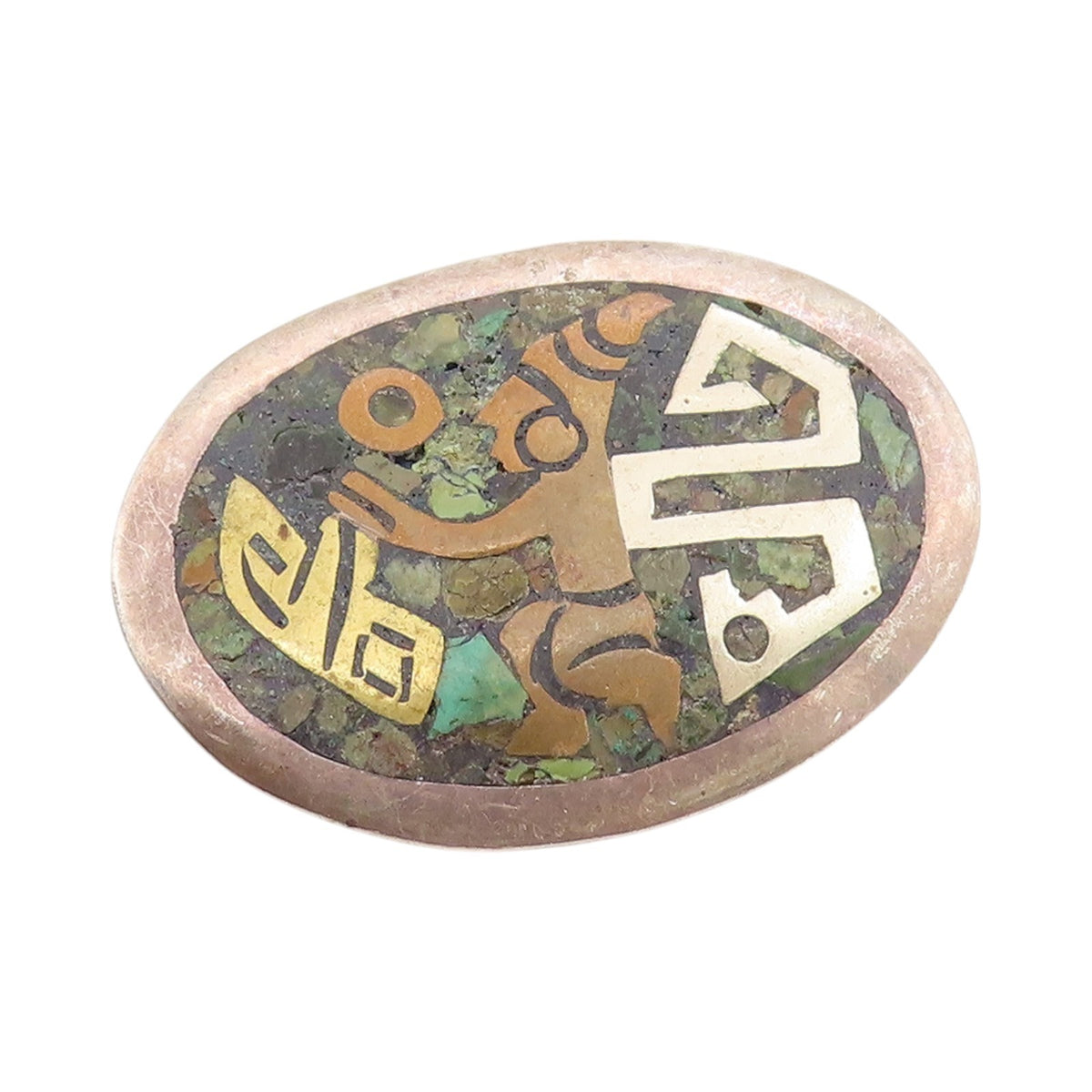 925 Sterling Silver Vintage Brooch Crushed Turquoise Inlay Dancing Man   BP11724