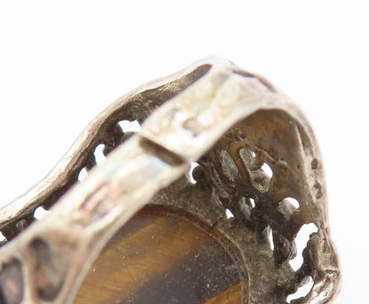 ISRAEL 925 Silver  Vintage Openwork Shank Tiger's Eye Ring Sz 8.5  RG26217