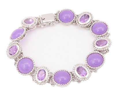 925 Sterling Silver Vintage Bracelet Oval & Round Amethyst Halo Beaded  BT10428