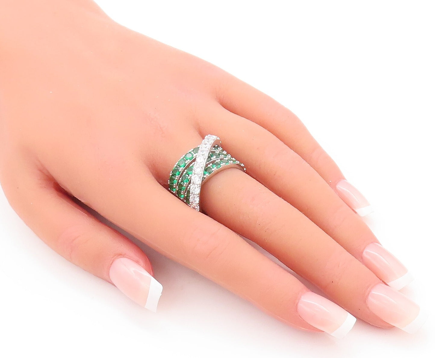 925 Sterling Silver Vintage Ring Designer Green & White CZ Bands  Sz 7  RG29593