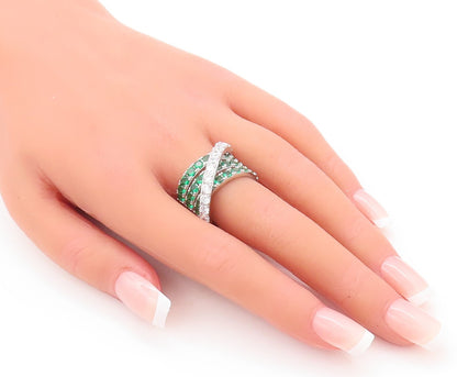 925 Sterling Silver Vintage Ring Designer Green & White CZ Bands  Sz 7  RG29593