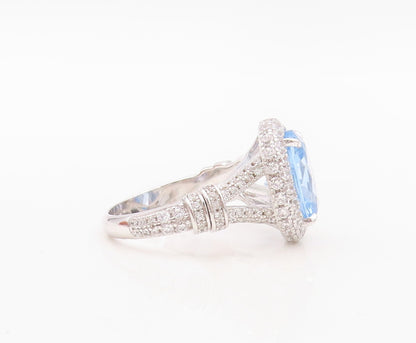 925 Sterling Silver Vintage Ring Designer Oval Blue Halo White CZ  Sz 7  RG30137