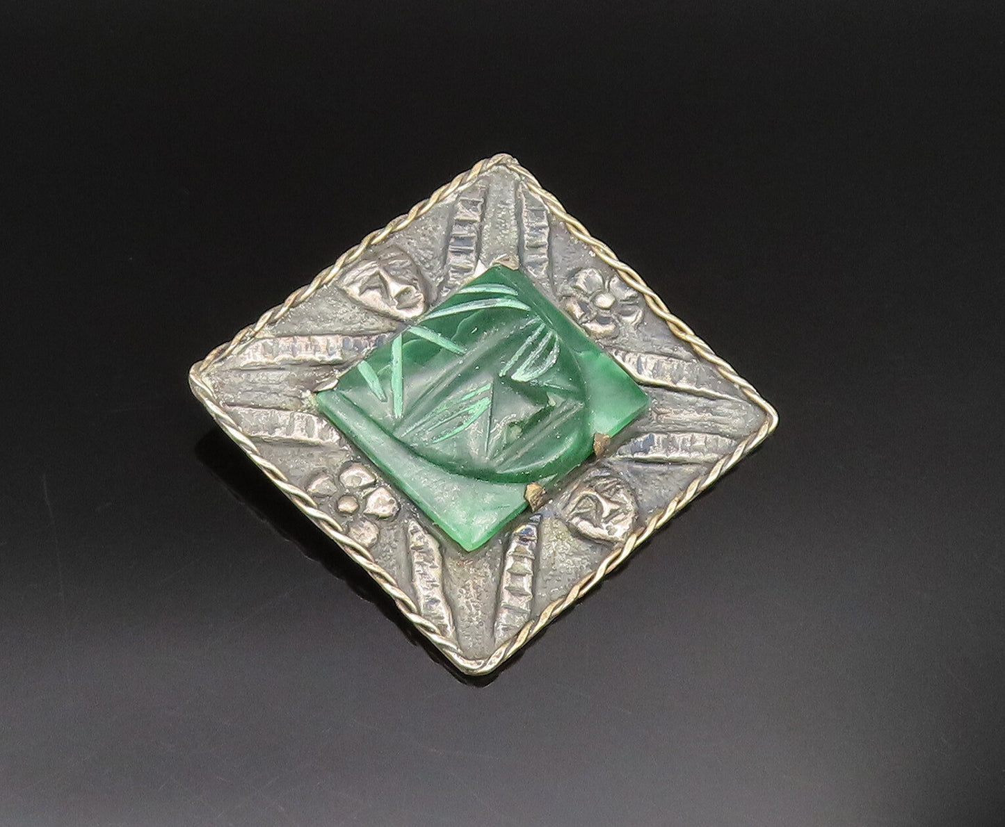 925 Silver  Vintage Antique Carved Malachite Theater Mask Brooch Pin  BP9777