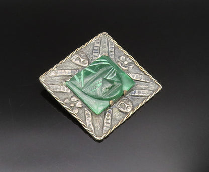 925 Silver  Vintage Antique Carved Malachite Theater Mask Brooch Pin  BP9777