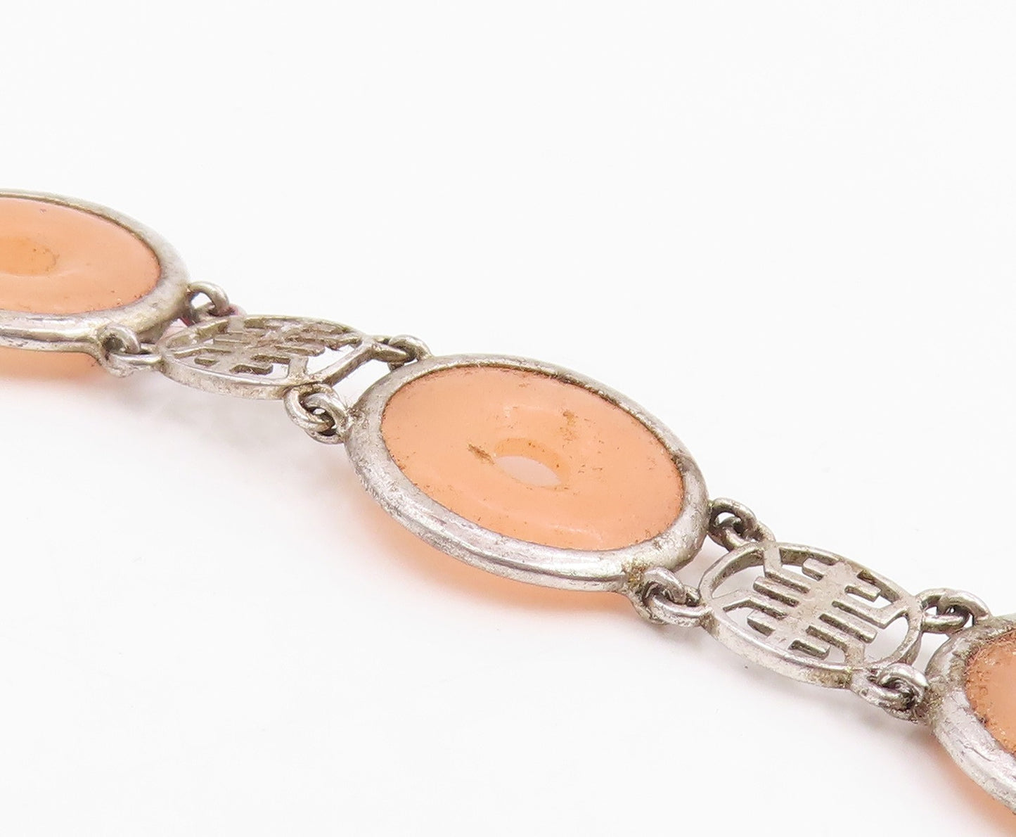 925 Sterling Silver Vintage Bracelet Peach Gemstone Classic Circle Link  BT11982