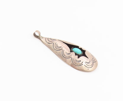 925 Sterling Silver Vintage Pendant NAVAJO Turquoise Shadow Box Teardrop PT26596