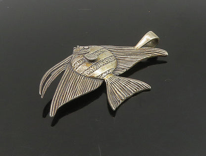 925 Sterling Silver  Vintage Dark Tone Etched Detail Fish Pendant  PT19523