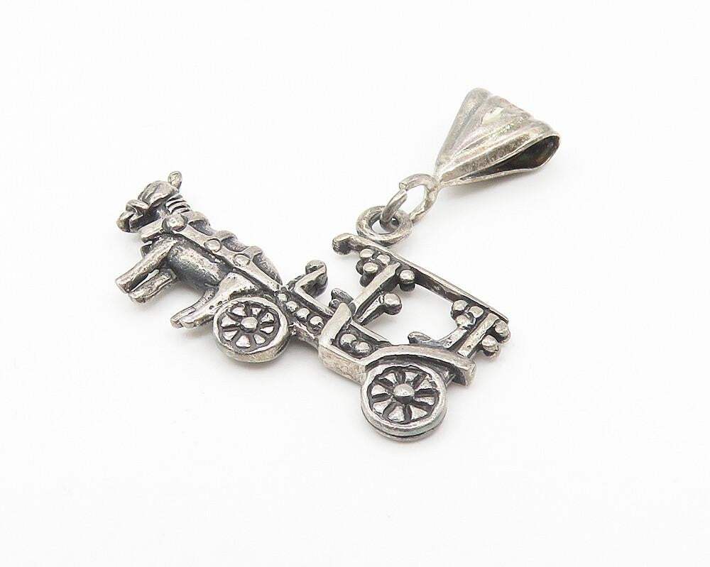 925 Sterling Silver  Vintage Old Fashioned Horse & Carriage Pendant  PT9143