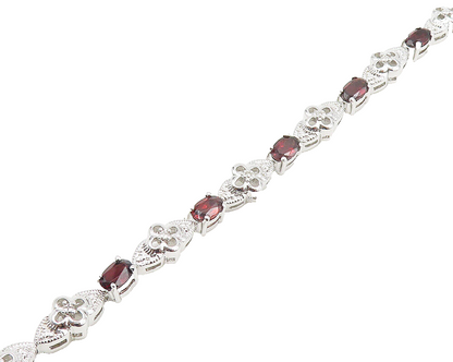 925 Sterling Silver  Genuine Diamond & Garnet Floral Chain Bracelet  BT7269