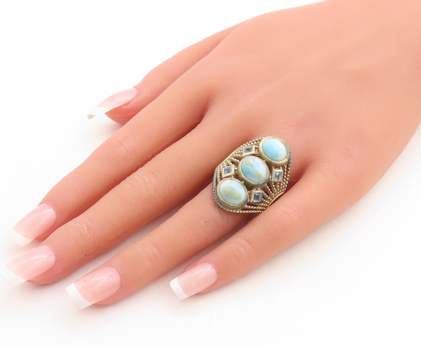 925 Sterling Silver Vintage Ring Bead Cutout Oval Larimar & CZ  Sz 10  RG31223